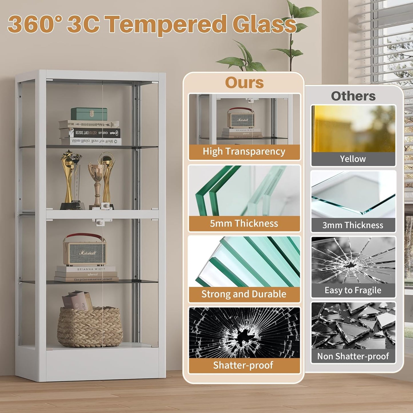 4-Sided Glass Display Cabinet with Lock & 13 Color Light, Lighted Curio Cabinet with Glass Door & Adjustable Shelves, Metal Display Case for Collectibles Figures Wine China, 28" W White