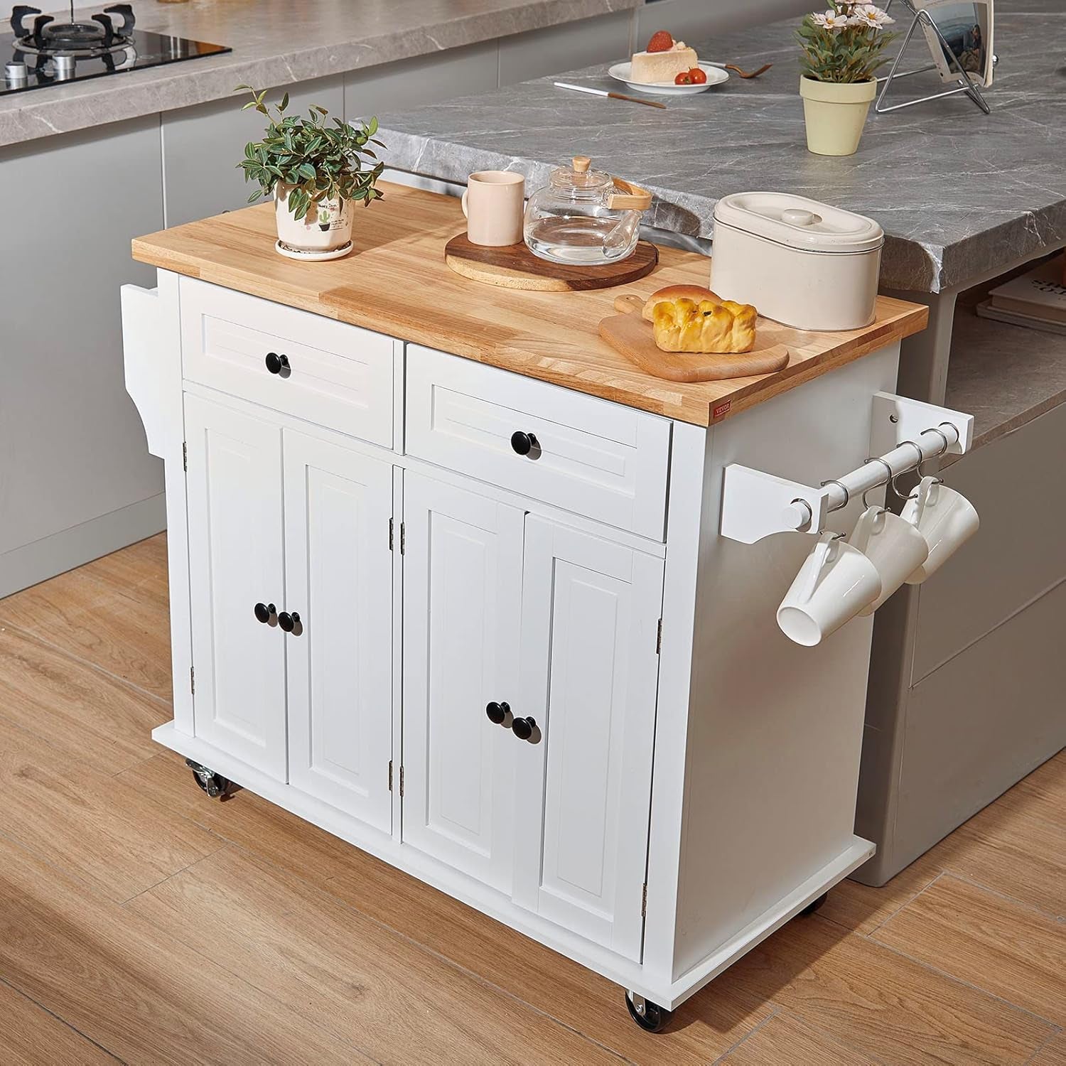 Kitchen Island Cart with Solid Wood Top, 35.4" Width Mobile Carts with Storage Cabinet, Rolling Kitchen Table with Spice Rack, Towel Rack, and Drawer, Portable Islands on Wheels, White