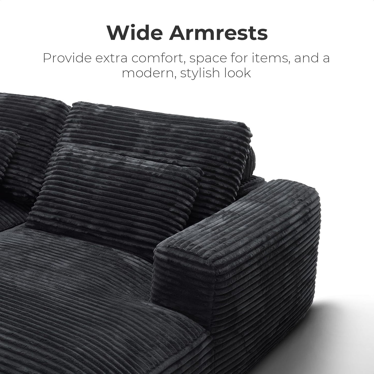 93" Double Chaise Lounge Sofa Bed - Plush Corduroy, No Assembly, Deep Seat Cloud Couch for Living Room, Home Theater (Black)