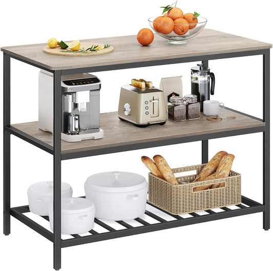 Kitchen Island with 3 Shelves, 47.2 Inches Width Kitchen Shelf with Large Worktop, Stable Steel Structure, Industrial, Easy to Assemble, Greige and Black UKKI001B02