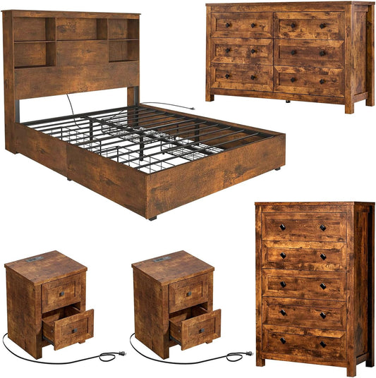 5-Piece Bedroom Set, 1 X Queen Size Bed Frame, 1 X 5 Drawer Dresser, 1 X 6 Drawer Storage Dresser, Nightstand Set of 2 with Charging Station, Farmhouse Bedroom Furniture, Rustic Brown