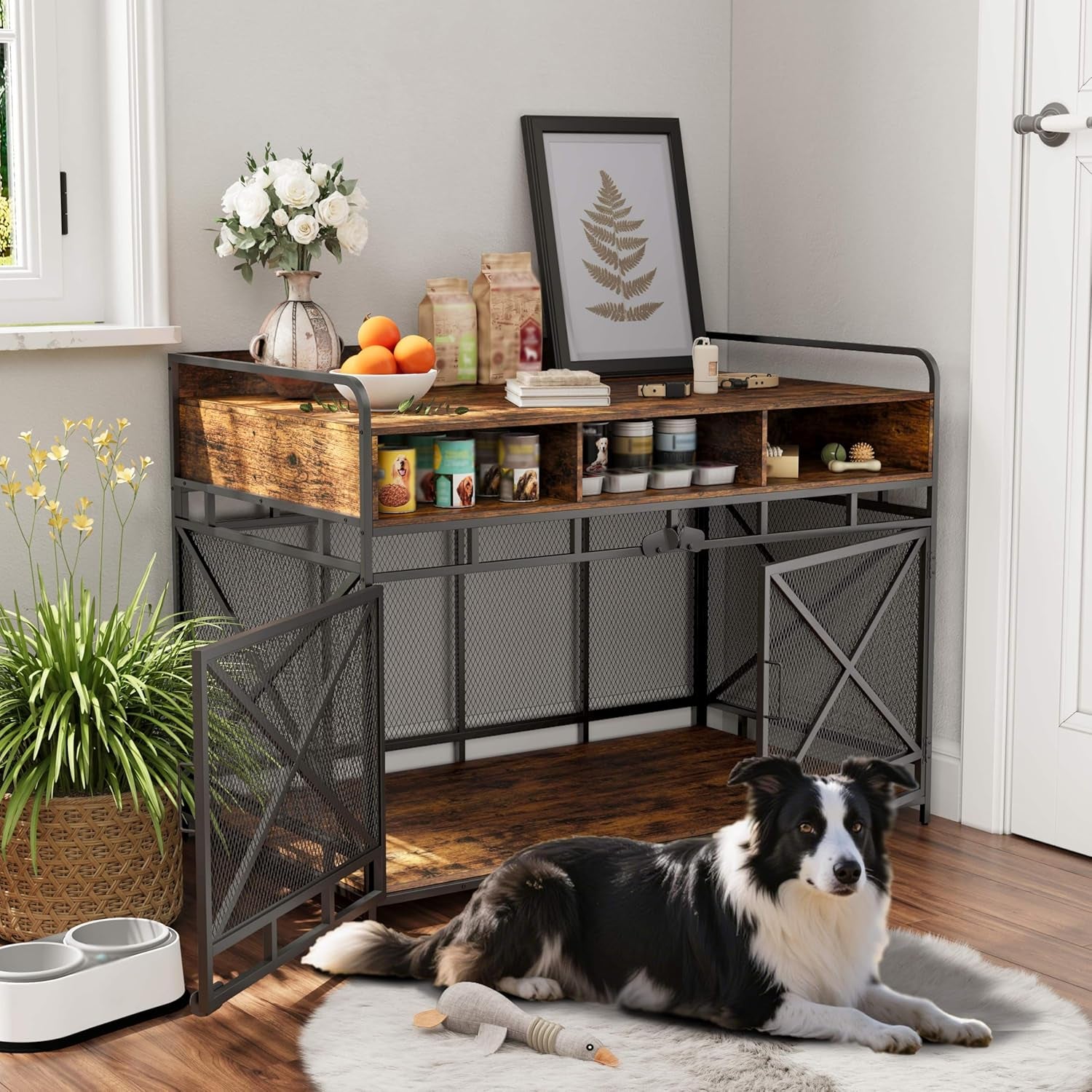 Dog Crate Furniture, 48" Heavy Duty Wooden Dog Crate End Table, XL Dog Kennel Furniture Large Breed, Decorative Dog Kenne Indoor with 3 Drawers & Steel Tubes 48" L X28 W X36 H (Rustic Brown)