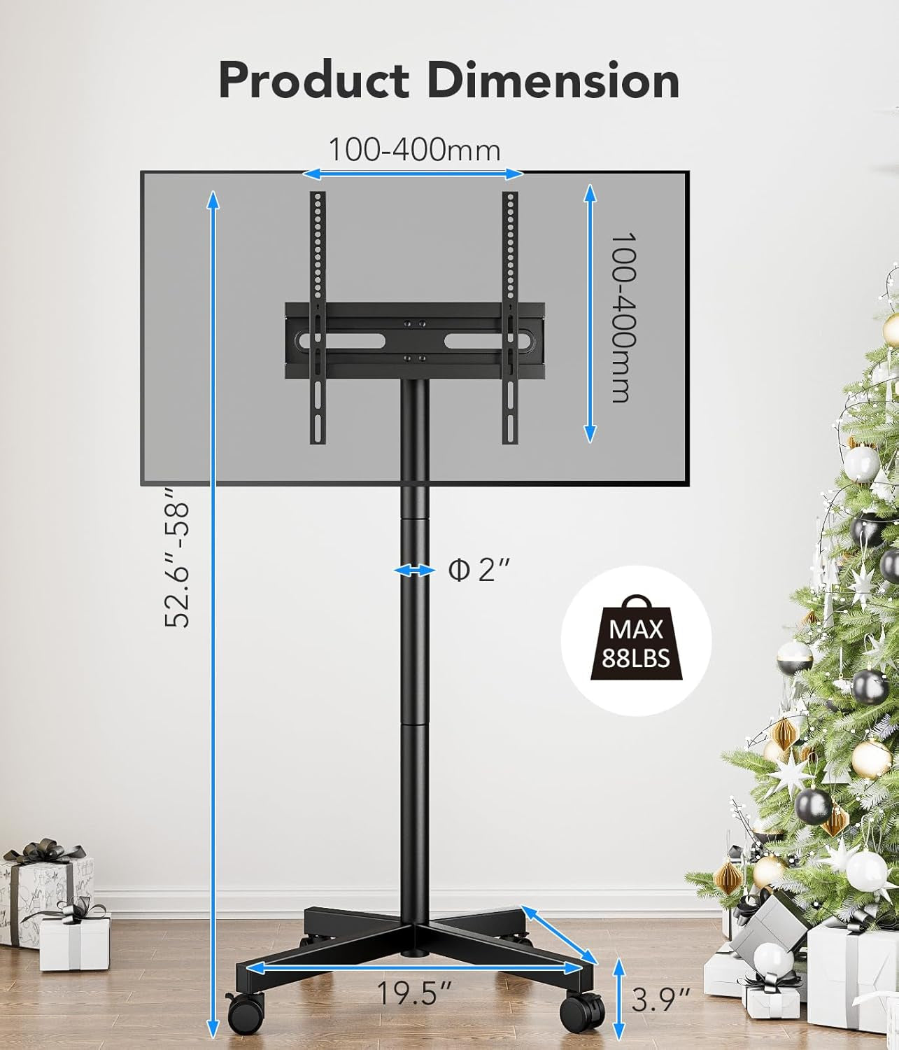 Mobile TV Cart Stand with Wheels for 23-60" Tvs, Height Adjustable, Portable Floor Stand Holds up to 88 Lbs, Rolling TV Mount Max VESA 400X400Mm