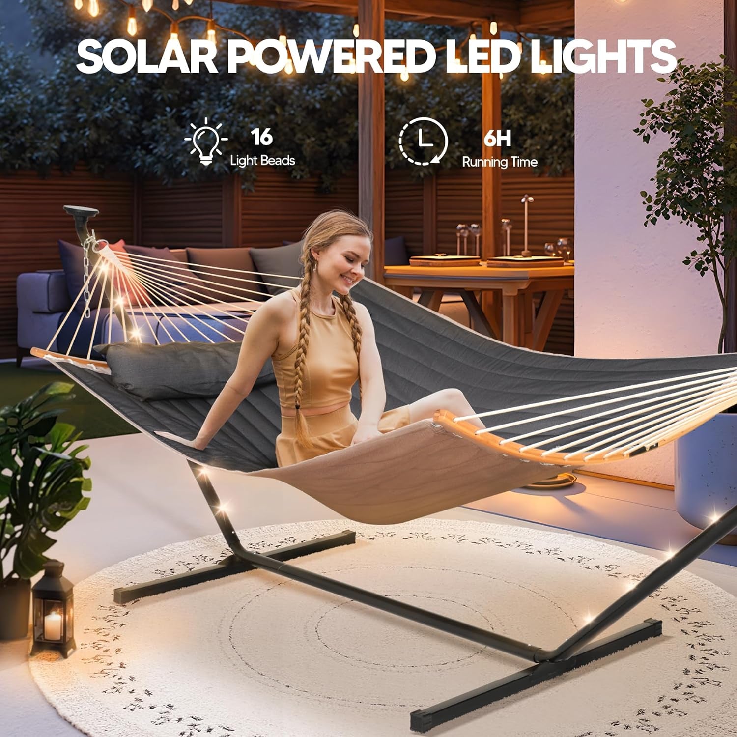 Double Backyard Hammock with Solar Powered Lights for Outside, 475 Lbs Capacity, Heavy Duty Self Standing Hammock with 12 Ft Stand, Dark Grey