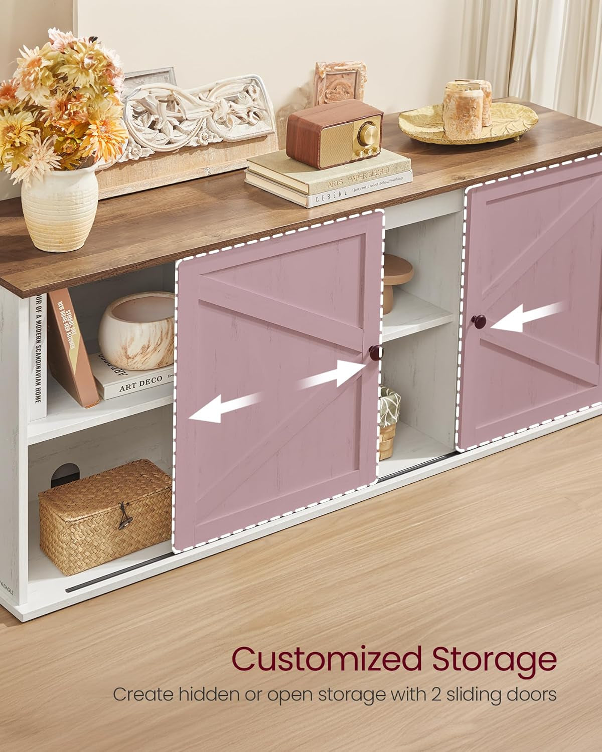 Farmhouse TV Stand for Tvs up to 65 Inches, Entertainment Center with Storage Cabinets and Sliding Barn Doors, Media Console Table for Living Room, Rustic White and Honey Brown ULTV535W01