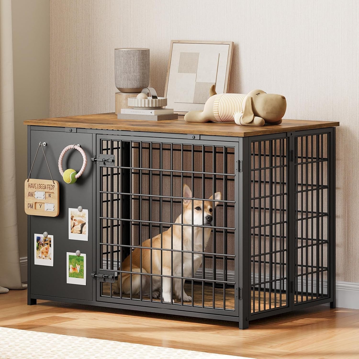 Foldable Dog Crate Furniture, Dog Crate with DIY Frame, Heavy Duty Dog Kennel Indoor with Hooks, Wooden Dog Cage End Table, for Small/Medium Dogs, White and Walnut DC95WH