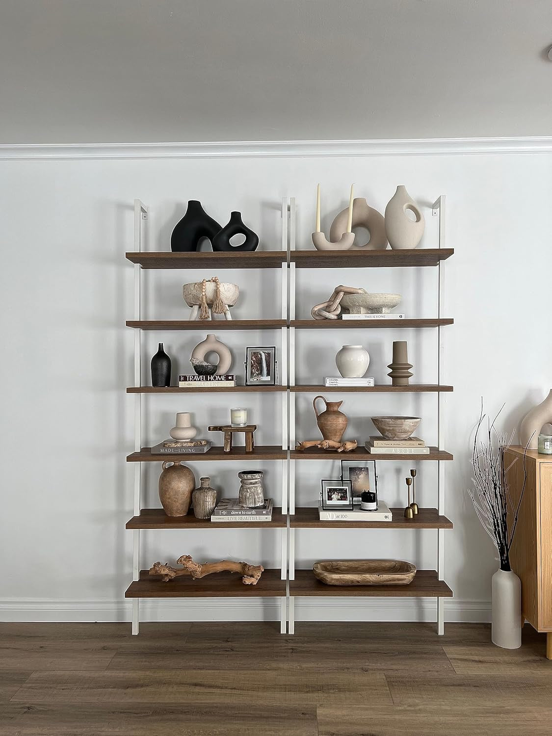 Theo 6-Shelf Tall Bookcase, Wall Mount Bookshelf with Natural Wood Finish and Industrial Metal Frame, Rustic Oak/White