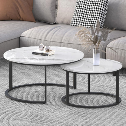 round Coffee Table Nesting Tables Set of 2, Large : Ø 33.5", Small : Ø 25.7", Modern Design Coffee Tables for Living Room, Metal Frame Circle Cocktail Table, High Glossy Faux White Marble