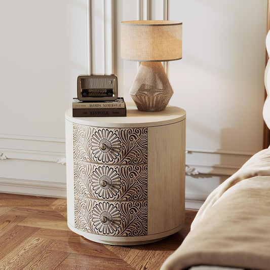 End Table Living Room Small Side Table W 3 Drawers, Vintage Bedside Table, Elegant Nightstand Small Dresser for Bedroom, Lightweight MDF Accent Table (Floral Texture)