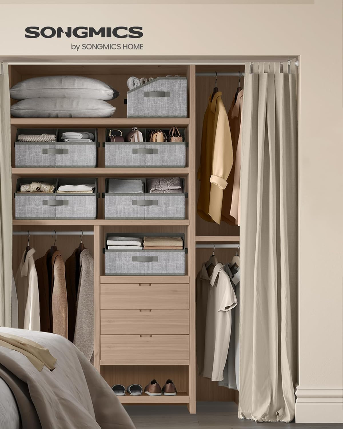 Set of 6 Storage Baskets, Foldable Storage Bins with Removable Dividers, Fabric Boxes, 15.7 X 11.8 X 7.9 Inches, Closet Organizers, 3 Handles, for Living Room, Cattail Gray URFB0140G01