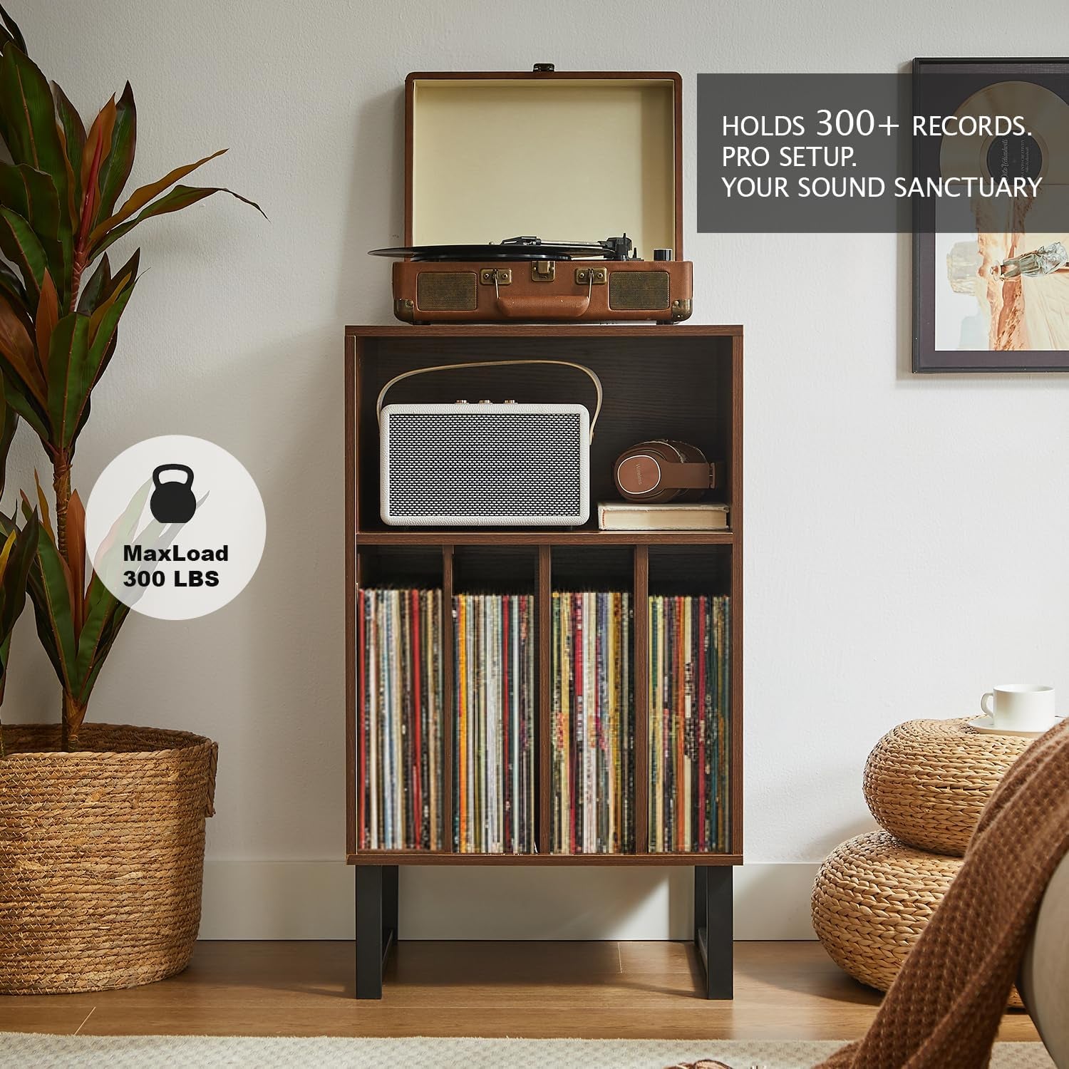 Record Player Stand with Vinyl Storage Cabinet, Turntable Table for Albums & Lps - Modern Media Console | Furniture for Living Room, Bedroom & Office | Dark Walnut