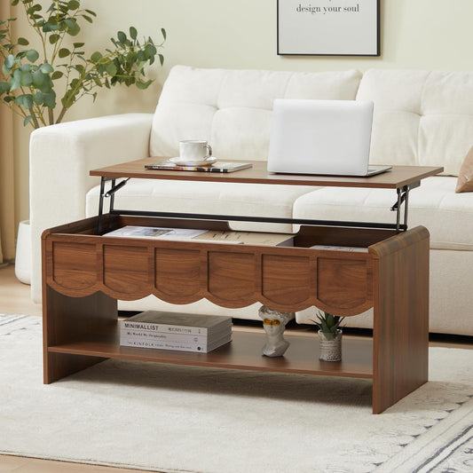 Lift Top Coffee Table with Hidden Compartment, 2 Tier Wooden Center Table with Wave Panel, Modern Lift Tabletop for Home Living Room Office, Walnut
