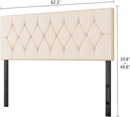 Tufted Upholstered Headboard Queen Size, with 6 Adjustable Height from 39.8" to 49.8", Button Diamond Design, Easy Assembly, Beige