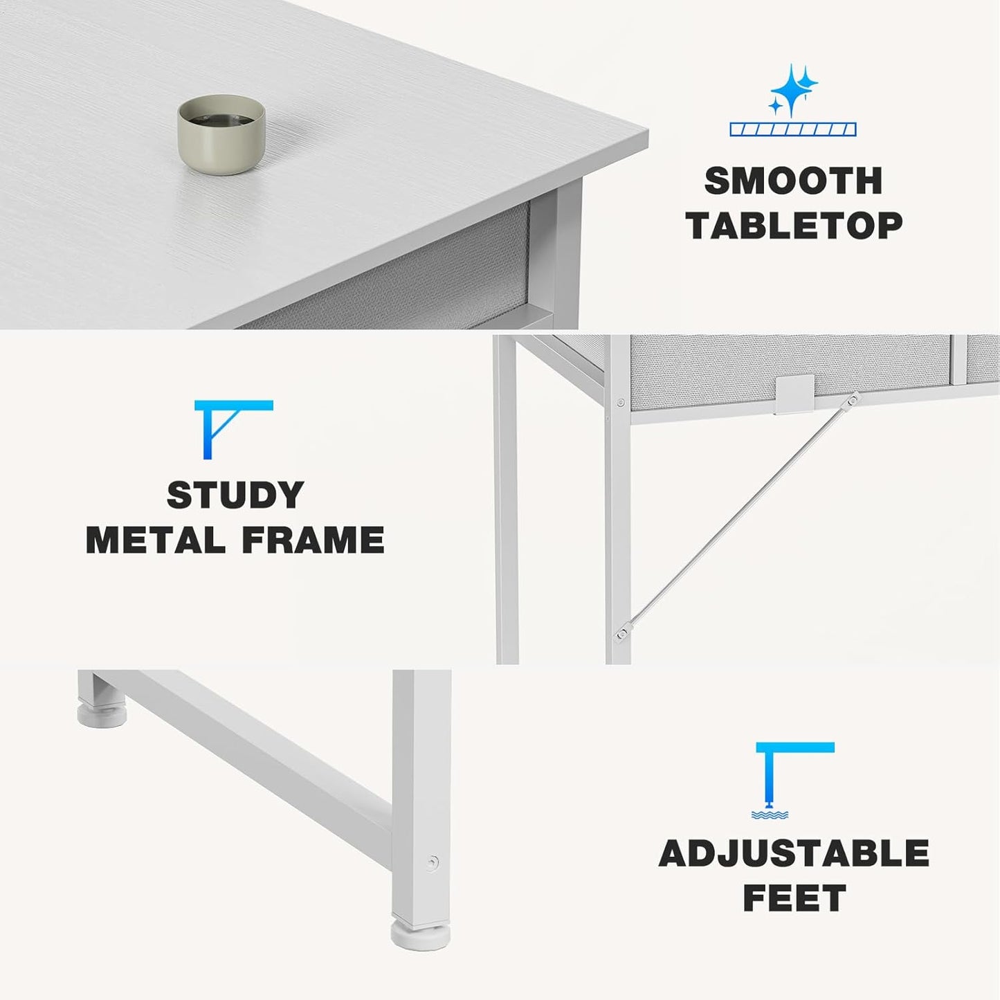 32 Inch Small Desk with Drawers, Home Office Computer Desk with Storage Bag and Headphone Hook, Study Writing Table with Adjustable Feet for Bedroom, White
