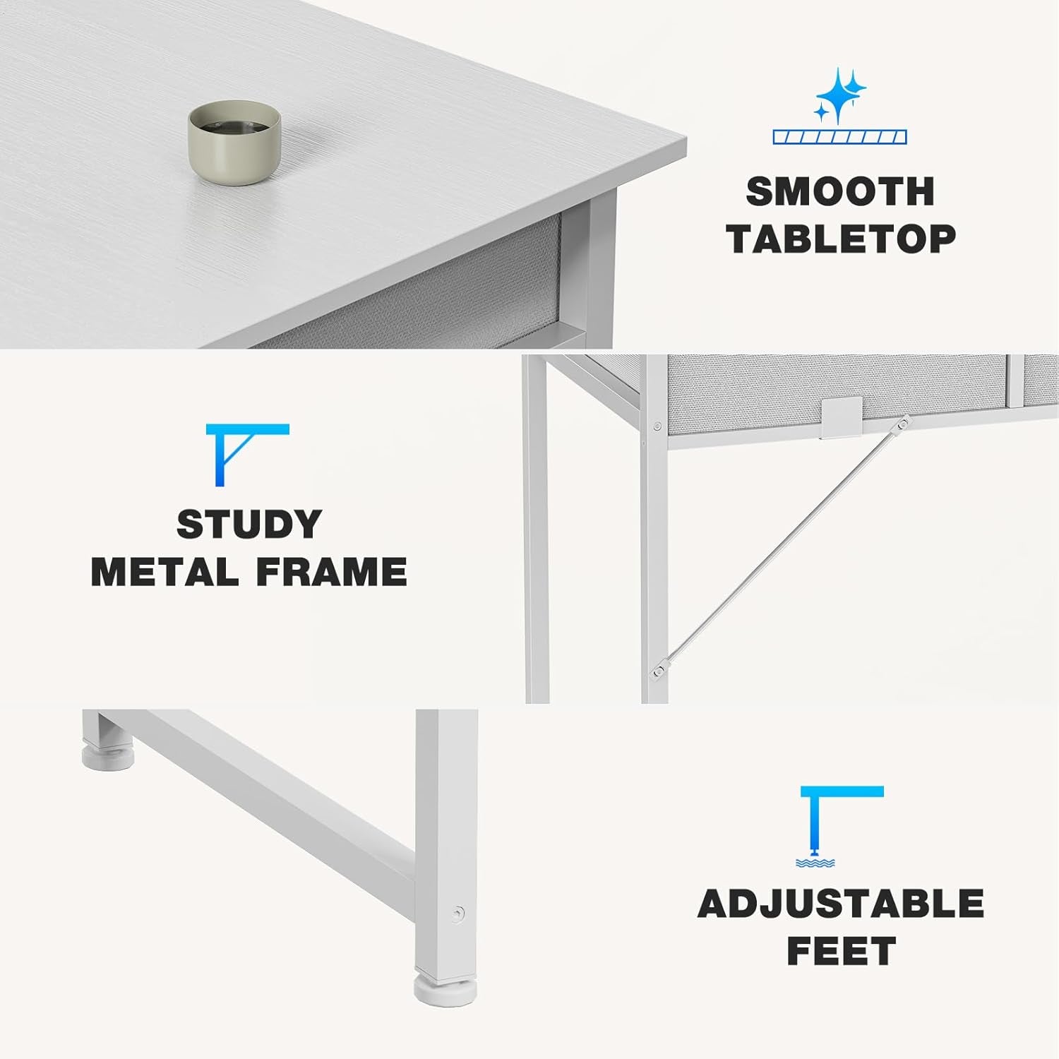 32 Inch Small Desk with Drawers, Home Office Computer Desk with Storage Bag and Headphone Hook, Study Writing Table with Adjustable Feet for Bedroom, White