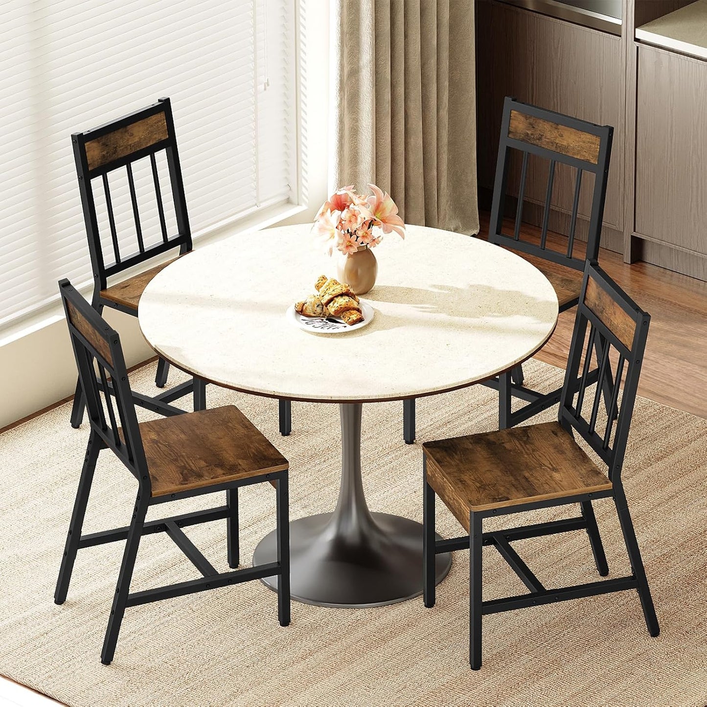 Dining Chairs Set of 4, Industrial Kitchen Chairs with Metal Frame, Slanted Back, Wooden Dining Chair Set, for Kitchen, Living Room, Rustic Brown and Black CY03L4BR