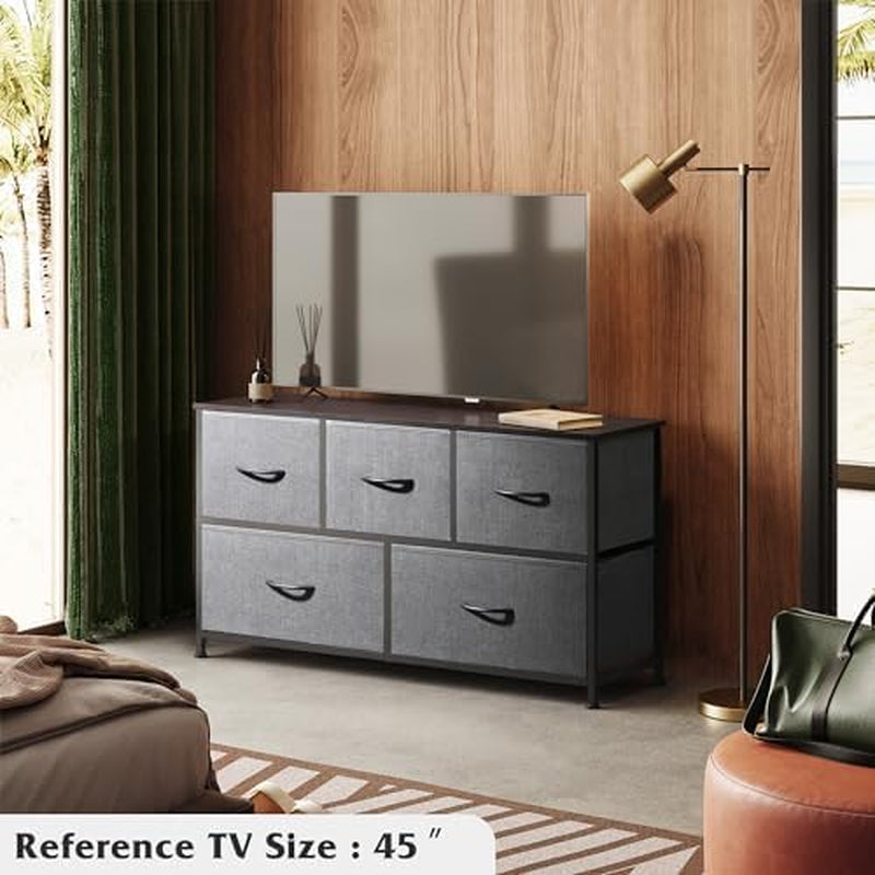 Dresser for Bedroom with 5 Drawers, Wide Chest of Drawers, Fabric Dresser, Storage Organizer Unit with Fabric Bins for Closet, Living Room, Hallway, Dark Grey