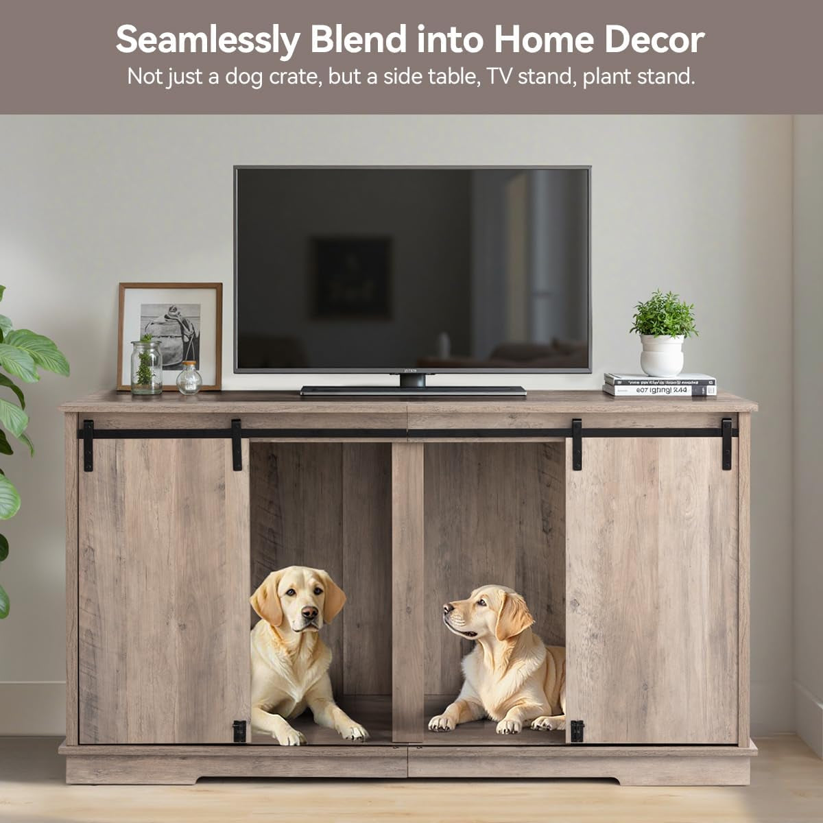 Dog Crate Furniture for 2 Dogs, 60.6 Inch Extra Large Wooden Dog Kennel Furniture with Removable Divider and Double Sliding Doors, TV Stand, Side Table, Brown