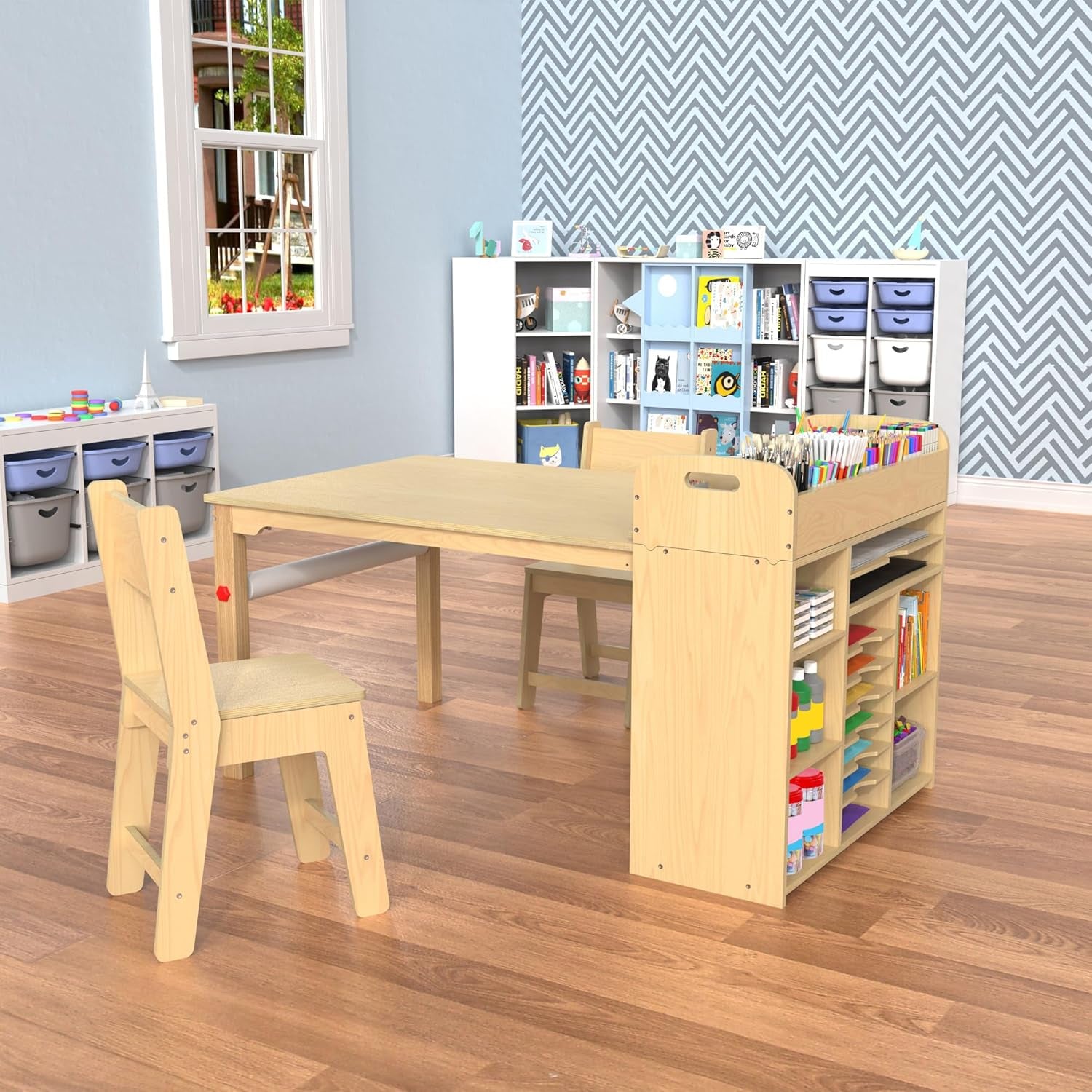 Kids Art Table and Chairs Set, Craft Desk with Large Storage and Portable Art Supply Organizer for Children Ages 8-12, 47" L X 30" W