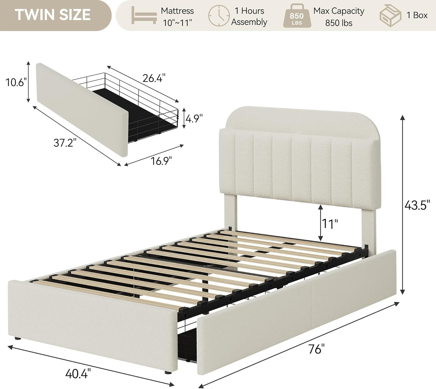 Twin Bed Frame with Storage Headboard, Kids Bed Frame with 2 Drawers, Boucle Upholstered Platform Bed with Bookcase, No Box Spring Needed, Easy Assembly, Ivory White