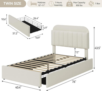 Twin Bed Frame with Storage Headboard, Kids Bed Frame with 2 Drawers, Boucle Upholstered Platform Bed with Bookcase, No Box Spring Needed, Easy Assembly, Ivory White