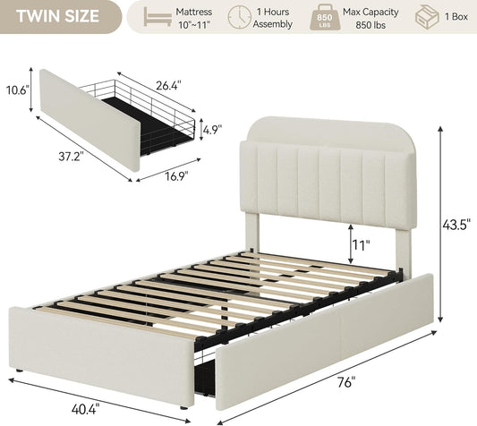 Twin Bed Frame with Storage Headboard, Kids Bed Frame with 2 Drawers, Boucle Upholstered Platform Bed with Bookcase, No Box Spring Needed, Easy Assembly, Ivory White