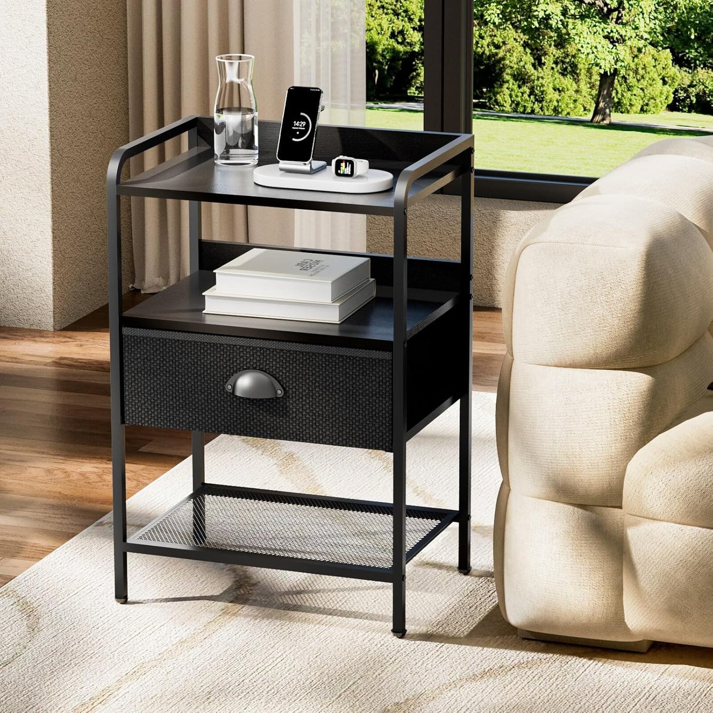 Night Stand with 1 Fabric Drawer and Sturdy Metal Frame, Modern Bedside Table Lightweight & Durable -55LB Load Capacity, Wear-Resistant & Easy-Clean Surface, Black