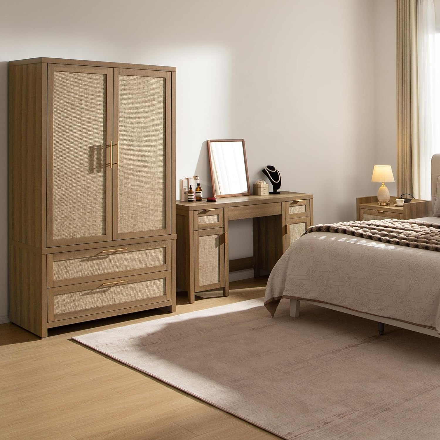 Rattan Armoire Wardrobe Closet Cabinet, 71" Tall Wardrobe Storage Cabinet with Doors, Larger Drawers and Hanging Rod, Boho Armoire Clothes Organizer for Bedroom, Laundry Room, Cloak Room, Oak