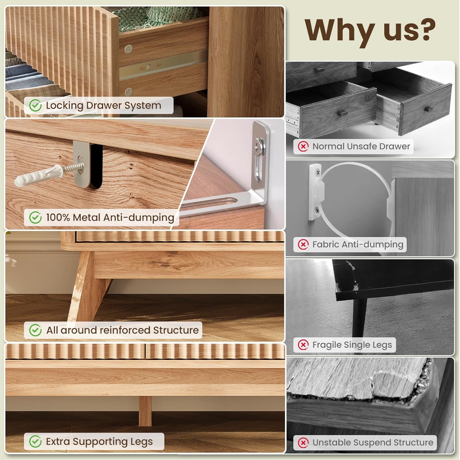 47'' Wide 6 Drawers Dresser for Bedroom,Modern Fluted Vertical Chest with Rounded Corners,Fluted Dresser for Living Room,Hallway, Natural Wood