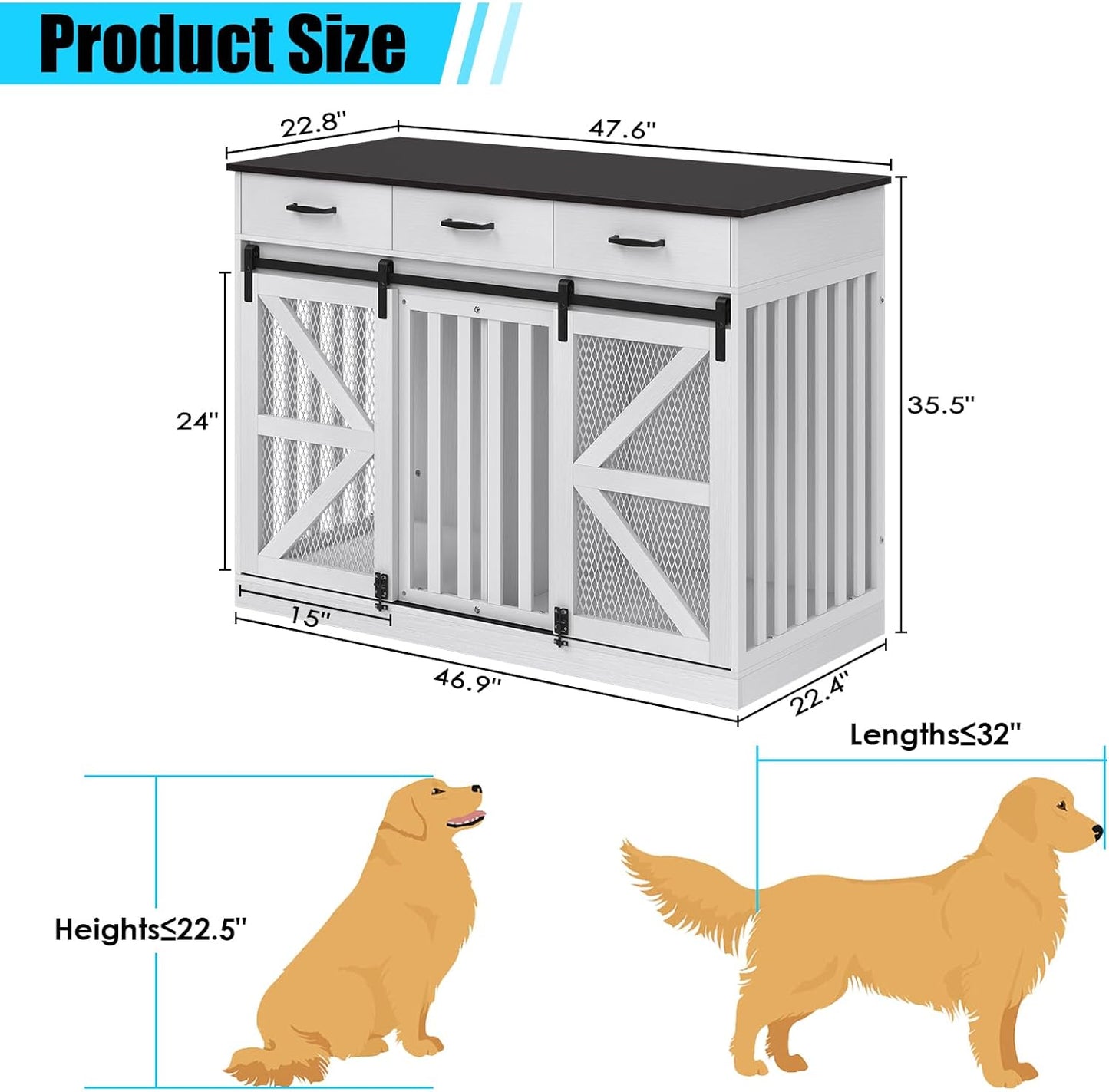 47 Inch Wooden Dog Crate Furniture for 2 Dogs with Removable Divider & Storage Drawers, Double Door Kennel for Medium and Extra Large Dogs, Farmhouse Dog Cage Side End Table for Indoor Use, White