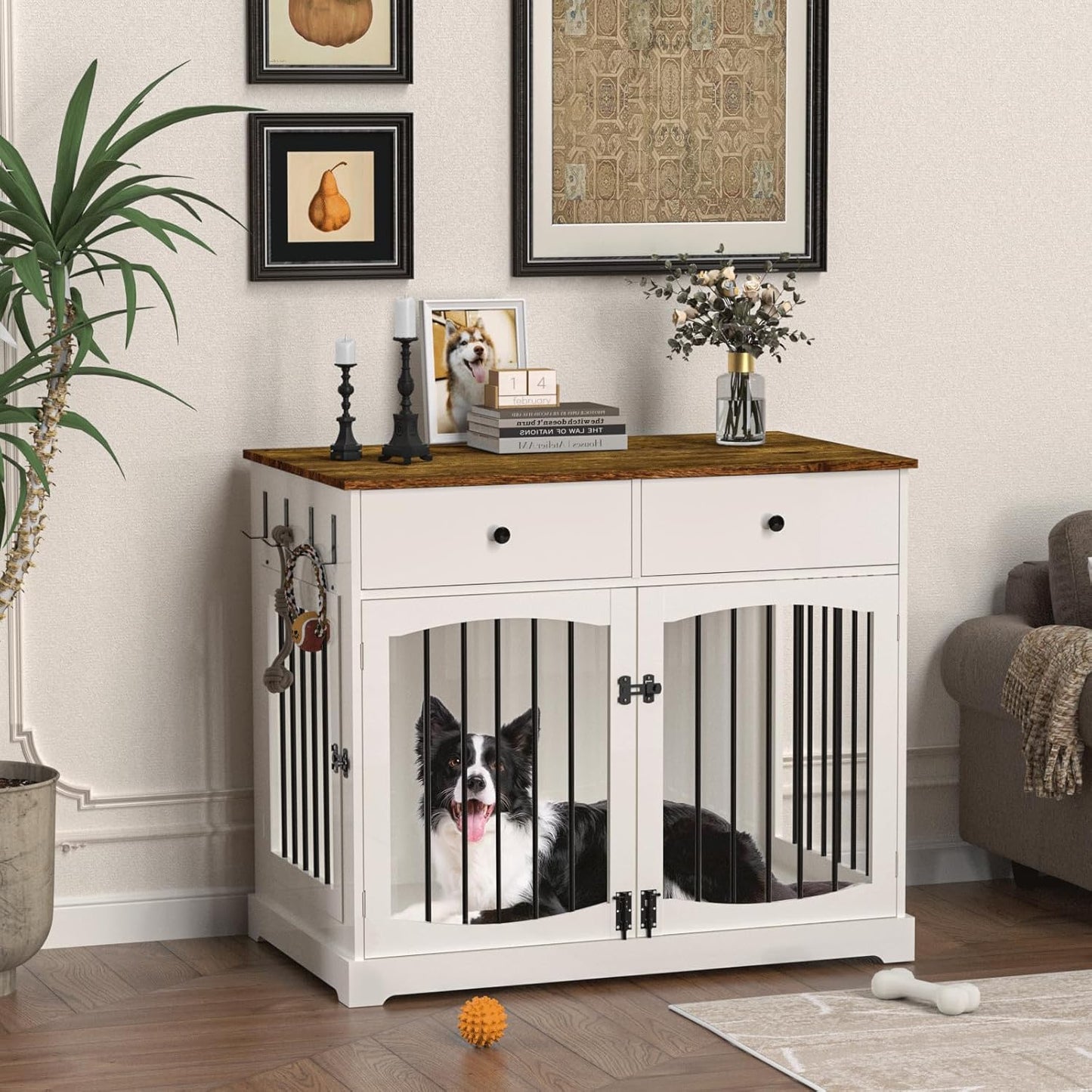 40 Inch Dog Crate Furniture-Farmhouse Dog Kennel with Drawers-End Table Wooden Pet Crate, Double Door Design, Decorative Dog House Indoor for Small Medium Large Dog, White