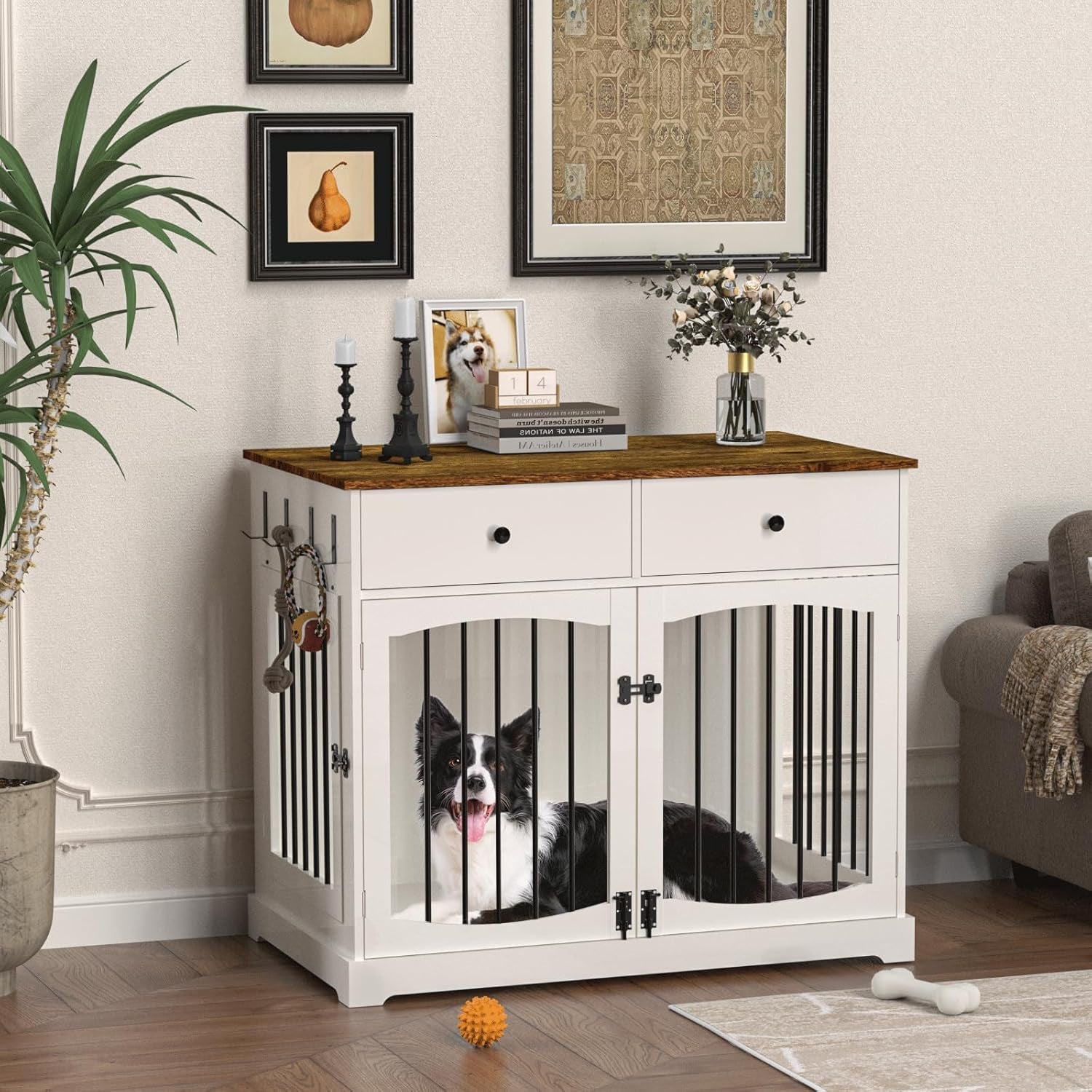 40 Inch Dog Crate Furniture-Farmhouse Dog Kennel with Drawers-End Table Wooden Pet Crate, Double Door Design, Decorative Dog House Indoor for Small Medium Large Dog, White