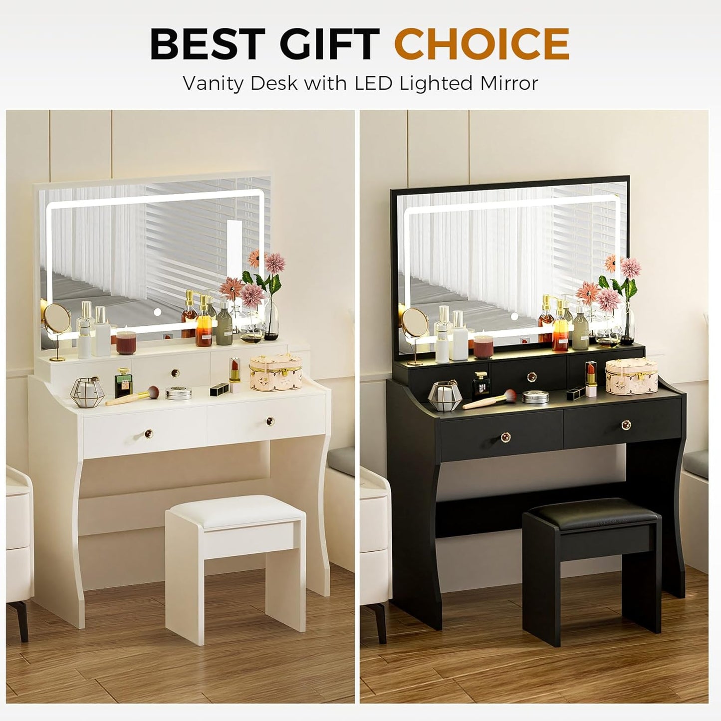 Makeup Vanity Desk with Mirror and Lights, Vanity Table and Chair Set with 5 Drawers and Charging Station, Bedroom Dresser LED Mirror Stepless Dimmable & 3 Color Modes Adjustable, White