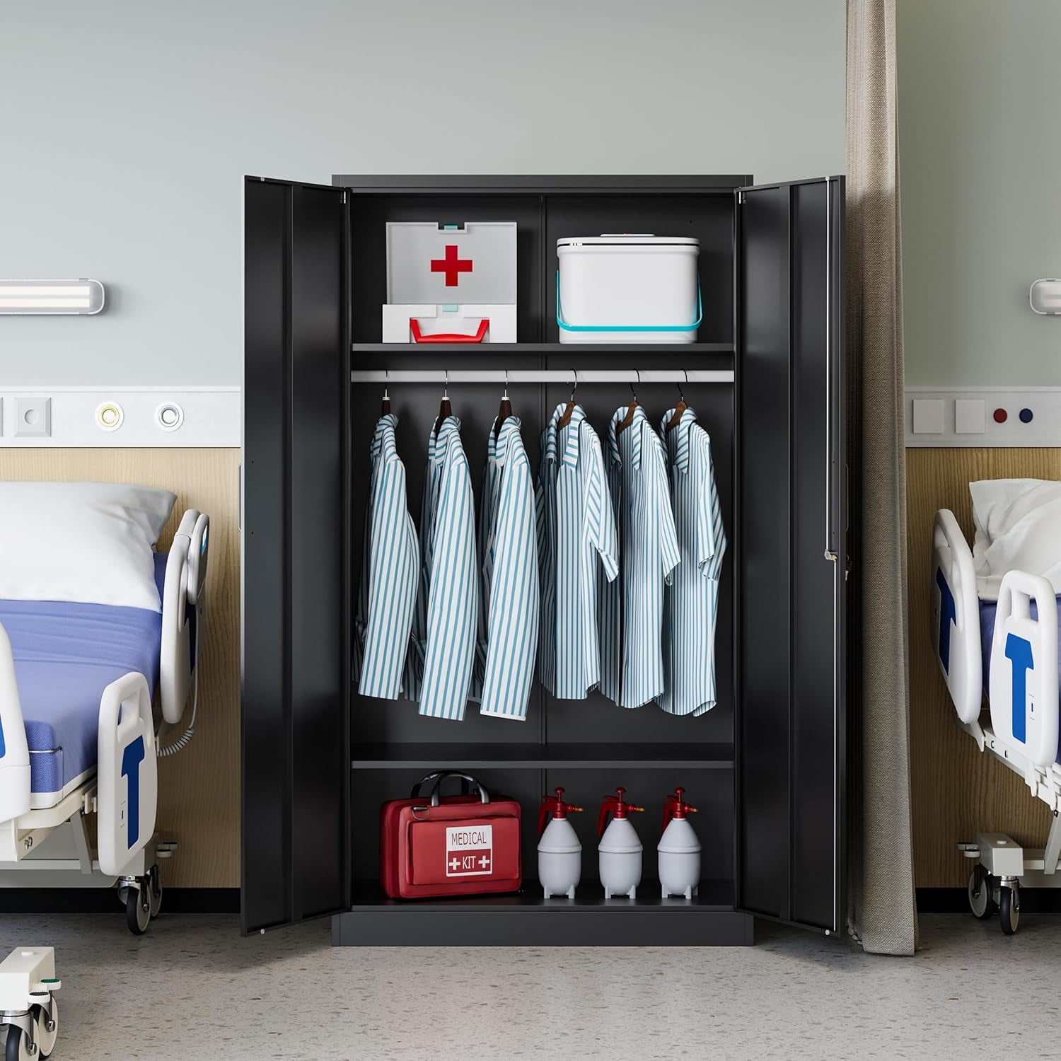 Metal Wardrobe Cabinets with Lock,Clothing Locker 72" X 36" X 18" Storage Cabinets for Home Room,Fire Department, School, Employee,Gym,Government (Black)