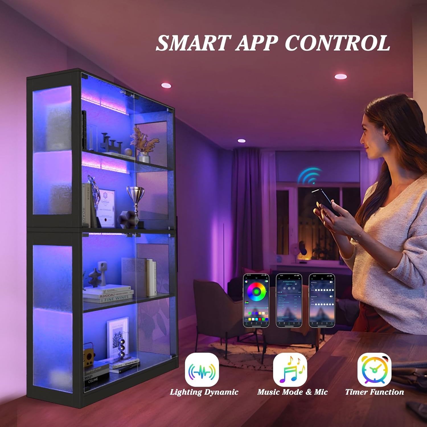 RGB Glass Display Cabinet, App & Remote Controlled Display Case with Music Sync, 4-Tier Tall Curio Cabinet for Collectibles Storage, Tall Bookcase with 4 Shelves (Black, 14"D X 32"W X 65"H)