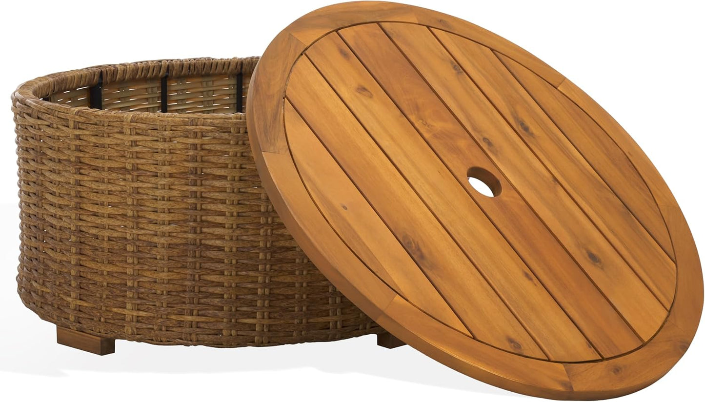 Couture Collection – Anguilla Faux Wicker Indoor/Outdoor Storage Coffee Table, Fully Assembled, Natural Brown Patio Accent Table with Removable Wood Top (CPT2103A)