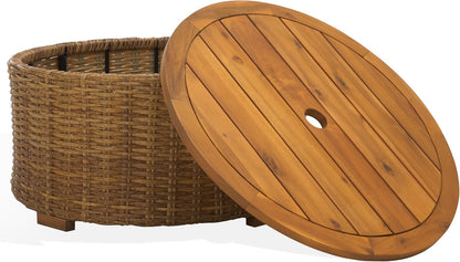 Couture Collection – Anguilla Faux Wicker Indoor/Outdoor Storage Coffee Table, Fully Assembled, Natural Brown Patio Accent Table with Removable Wood Top (CPT2103A)