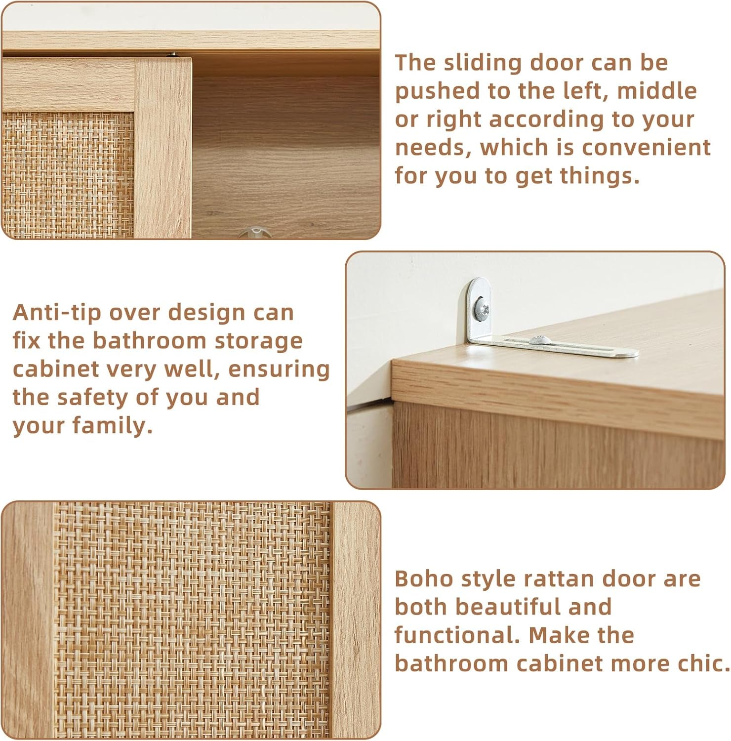 over the Toilet Storage Cabinet with Rattan Sliding Door, 68" Tall Wood above Toilet Bathroom Organizer W/Adjustable Shelf & Curved Profile, Space Saver Freestanding Washer Shelf, Natural