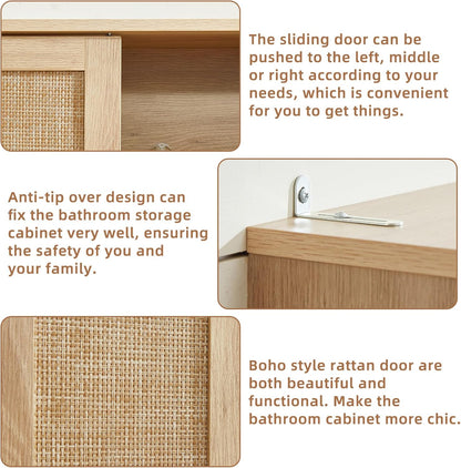 Rattan Bathroom Wall Cabinet, Boho Medicine Cabinet with Adjustable Shelf & Doors, over the Toilet Storage Cabinets Organizer for Laundry Room, Kitchen, Living Room, Natural