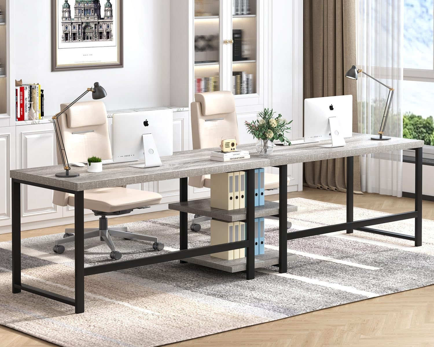 47 Inch Home Office Desk, Modern Computer Desk with Storage Shelves, Small Study Writing Gaming Table Workstation for Living Room Bedroom, Industrial Light Grey