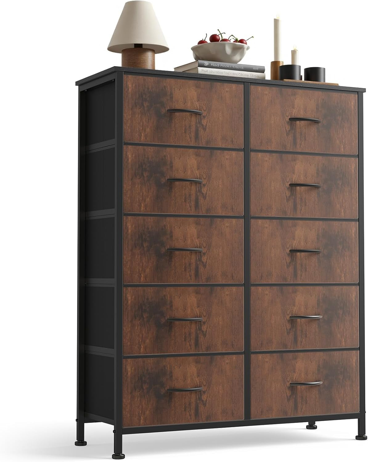 10 Drawer Fabric Dresser Storage Tower with Bins, Tall Chest Organizer for Bedroom Closet Hallway, Steel Frame Wood Top Easy Pull Handles,Black-Brown