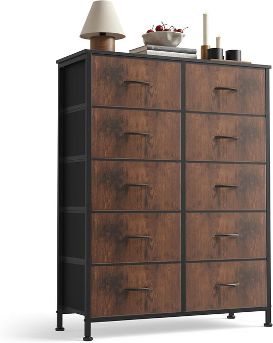 10 Drawer Fabric Dresser Storage Tower with Bins, Tall Chest Organizer for Bedroom Closet Hallway, Steel Frame Wood Top Easy Pull Handles,Black-Brown