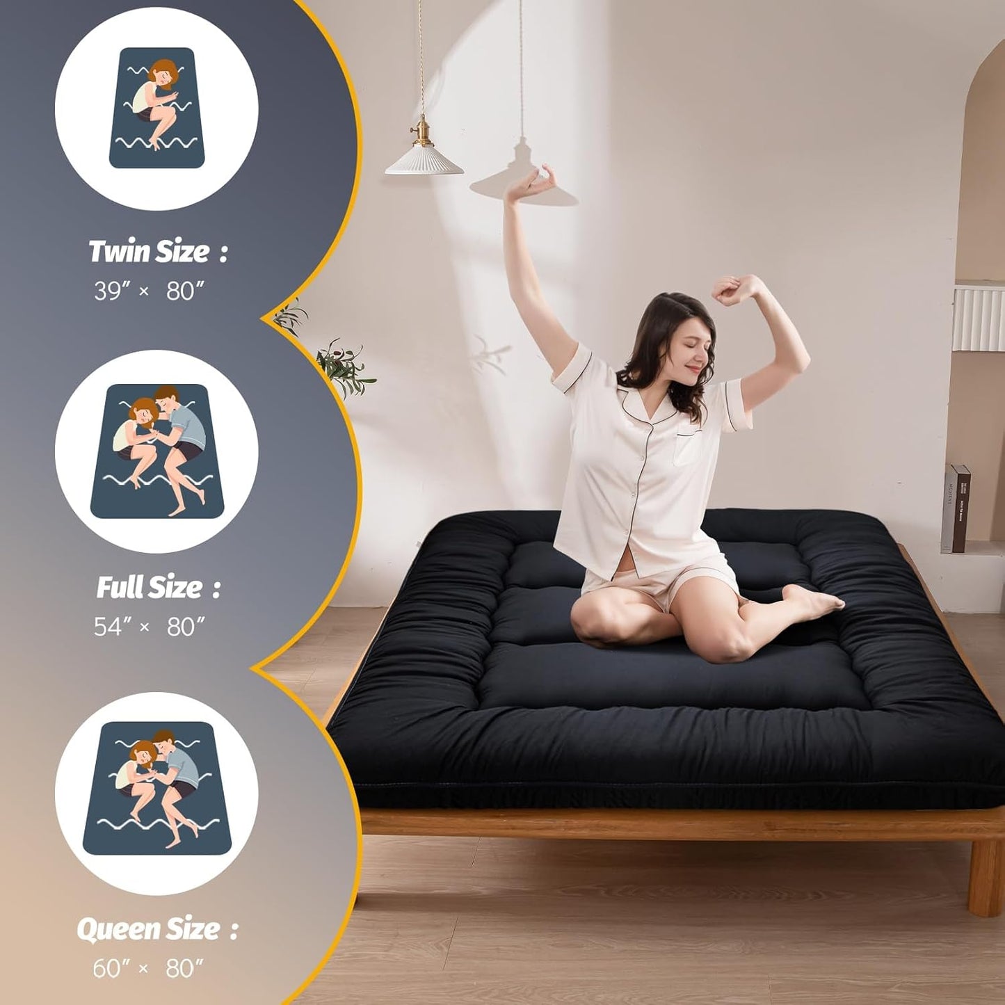 6" Thick Japanese Floor Mattress Futon Mattress, Foldable Tatami Pad for Adults, Roll up Floor Bed for Guest Room Bedroom RV, Black, Queen