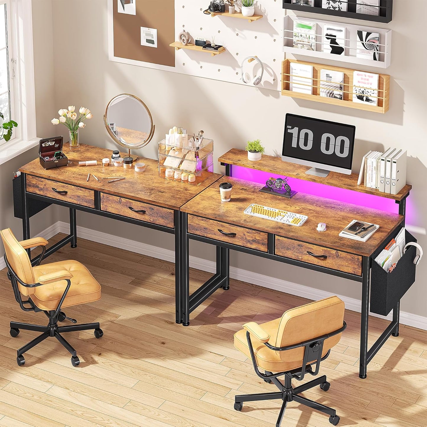 Gaming Desk with LED Lights & 2 Fabric Drawers, 39.4Inch Home Office Computer Desk with Side Pocket & Ergonomic Monitor Stand, Small Space Study Writing Table with Anti-Tip Design, Rustic Brown