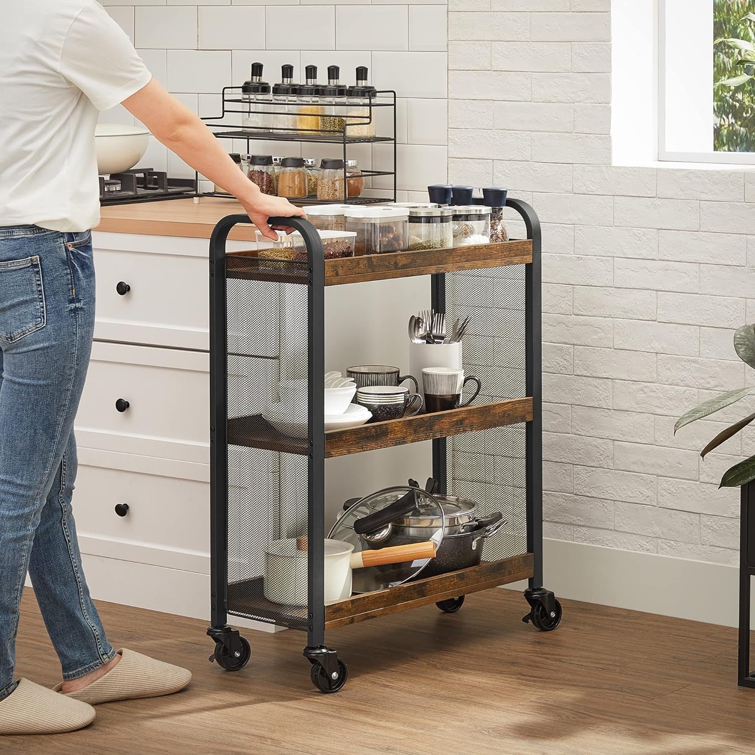 3-Tier Narrow Storage Cart, Rolling Cart with Wheels, Steel Frame, Slim Storage Cart for Kitchen, Dining Room, Laundry Room, Adjustable Feet Included, Industrial Style, Rustic Brown and Black