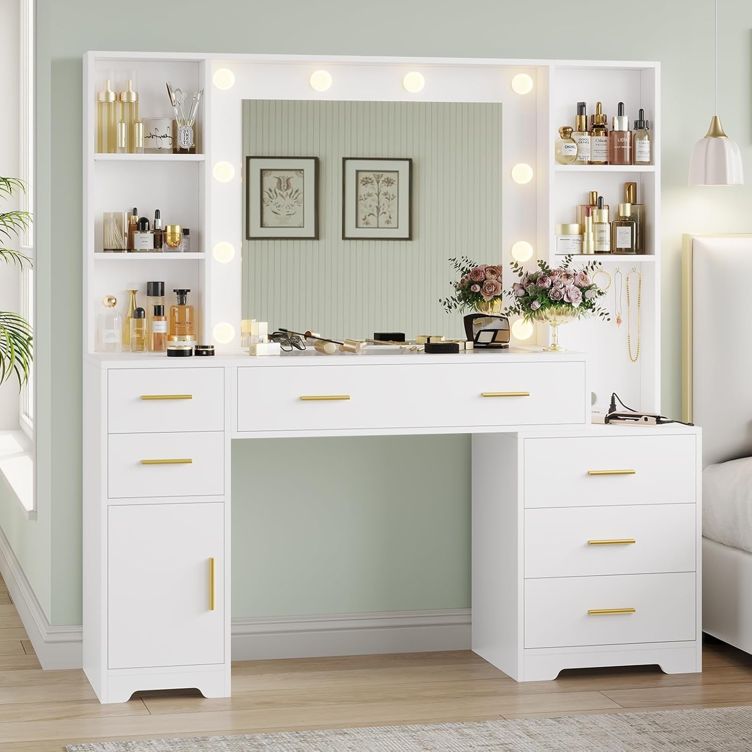 48.8'' Large Vanity Desk with Lighted Mirror & Power Outlet, White Makeup Vanity Table with 6 Drawers, 4 Shelves and 1 Storage Cabinet, Glass Tabletop Bedroom Dressing Table, 3 Lighting Modes