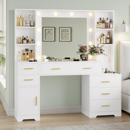 48.8'' Large Vanity Desk with Lighted Mirror & Power Outlet, White Makeup Vanity Table with 6 Drawers, 4 Shelves and 1 Storage Cabinet, Glass Tabletop Bedroom Dressing Table, 3 Lighting Modes