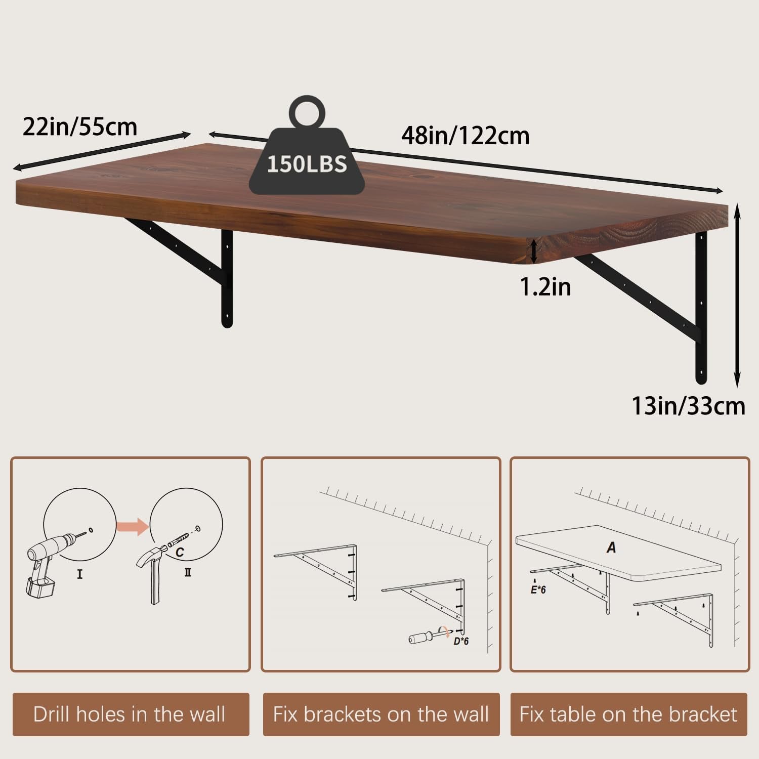 Floating Wall Desk for Home Office,Wall Mounted Table with Pine Wood,48 Inch Workbench for Garage,Work Table with Heavy Duty Brackets for Kitchen,Dining,Laundry