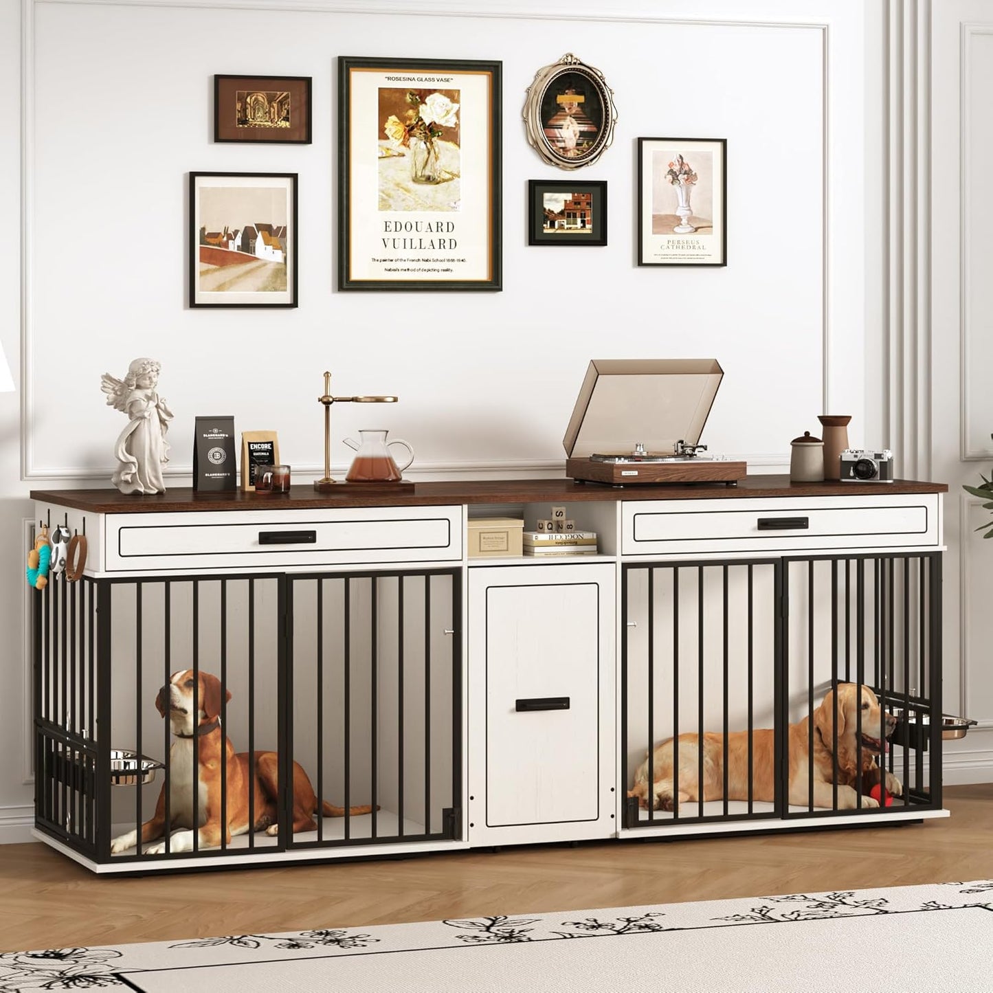 86.6" Dog Crate Furniture Large Breed TV Stand with Double Rooms, Wooden Dog Kennel Furniture with Dog Bowl, 2 Drawers and Cabinet for Large Medium Dogs, Antique White