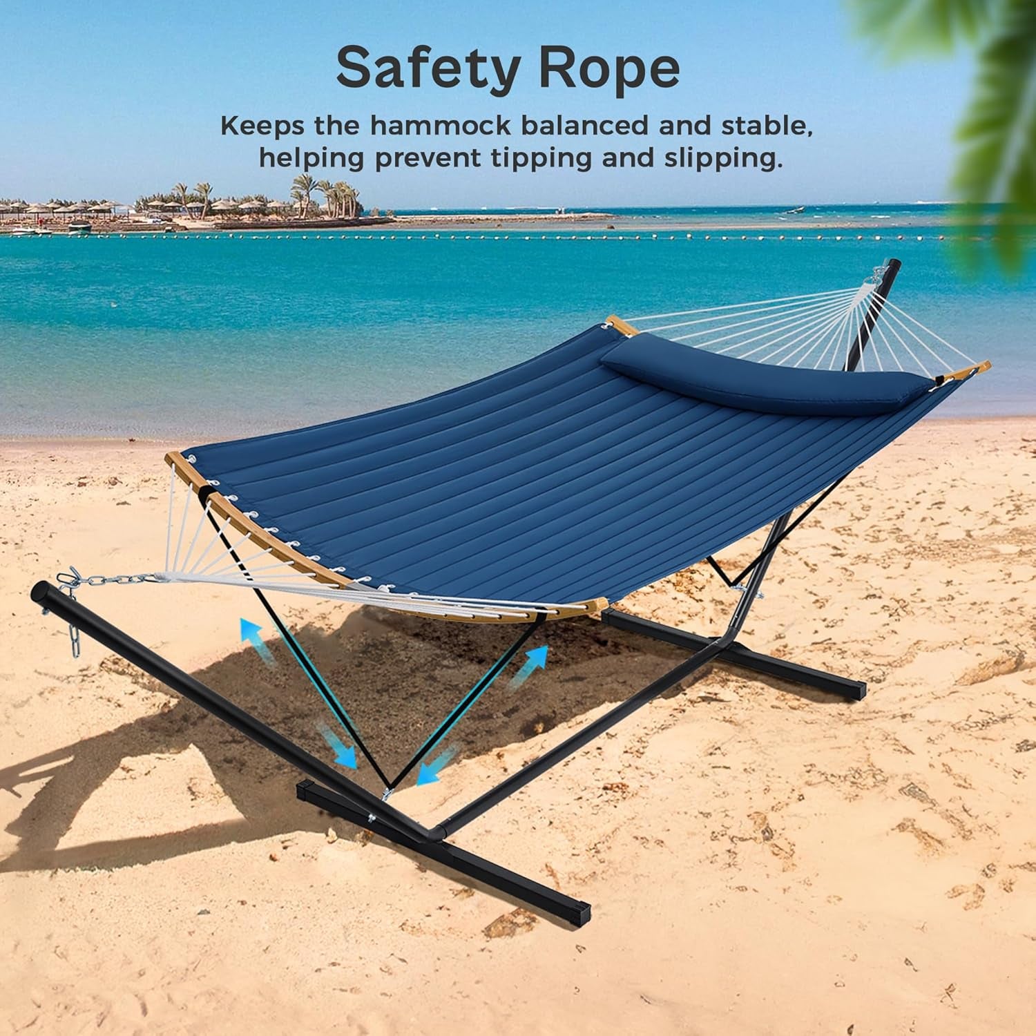 Curved-Bar Hammock with Stand, 2 Person Heavy Duty Hammock Frame, Detachable Pillow & Portable Carrying Bag, Perfect for Outdoor & Indoor, Navy Blue